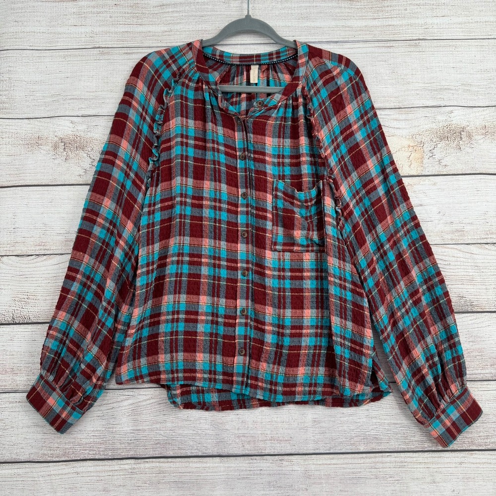 Pilcro Plaid Top Women Large Red Blue Ruffle Button Front Textured Long Sleeve